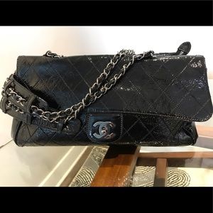 CHANEL RITZ FLAP QUILTED BLACK PATENT LARGE PURSE